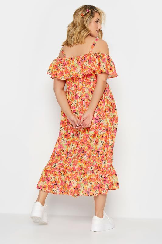 YOURS Plus Size Orange Floral Frill Cold Shoulder Midi Dress | Yours Clothing 5