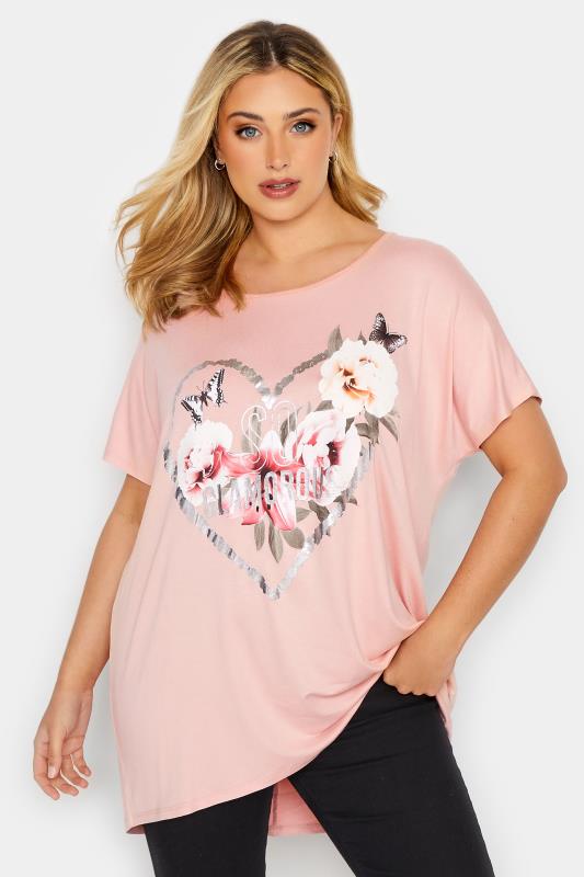 Plus Size Pink 'So Glamorous' Butterfly Print T-Shirt | Yours Clothing 1