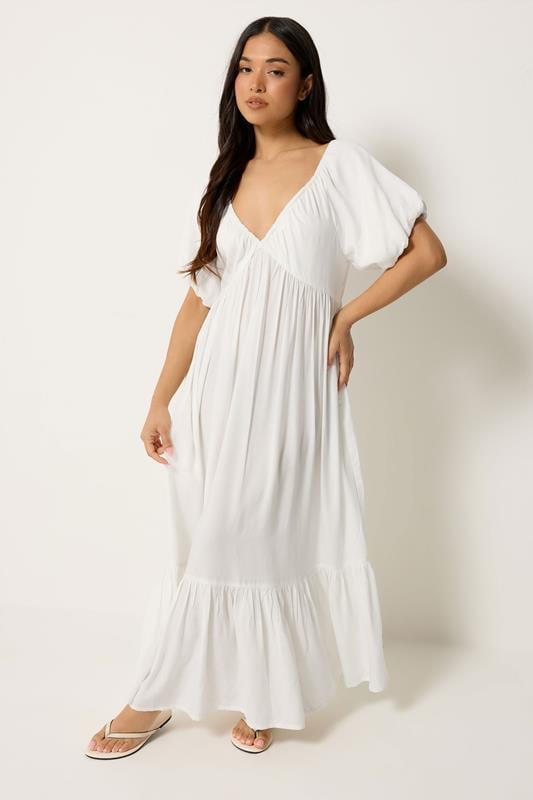 PixieGirl Petite Women's White Puff Sleeve Maxi Dress | PixieGirl 1