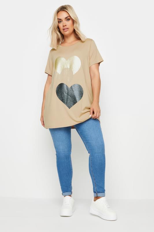 YOURS Plus Size Natural Brown Foil Heart Print T-Shirt | Yours Clothing  2