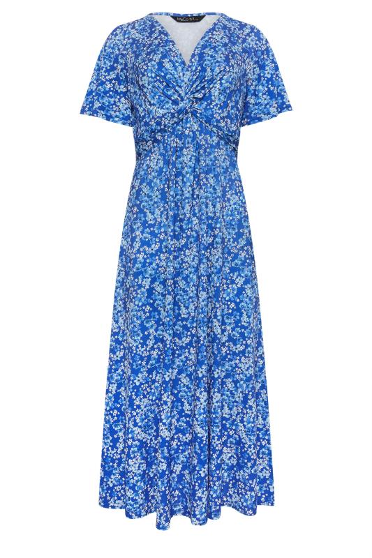 Women's  M&Co Blue Floral Print Twist Front Short Sleeve Dress