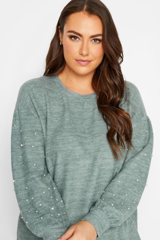 Plus Size Sage Green Pearl & Diamante Embellished Sleeve Jumper | Yours Clothing  4