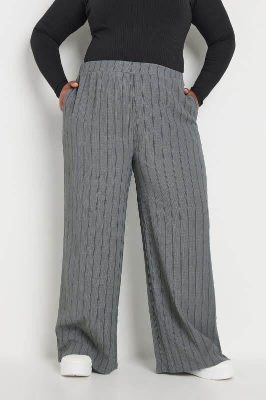 YOURS Plus Size Grey Textured Pinstripe Wide Leg Trousers | Yours Clothing 2