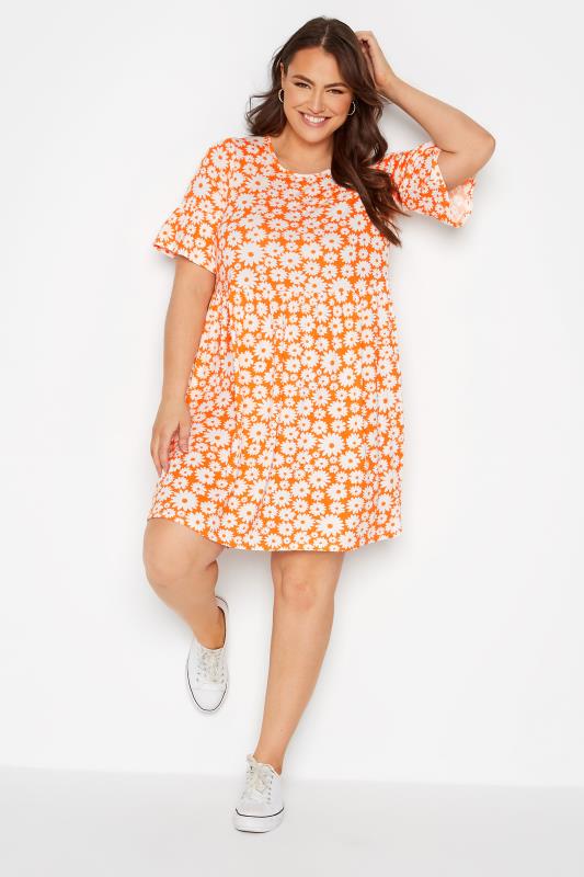 Großen Größen  Curve Orange Floral Print Smock Tunic Dress