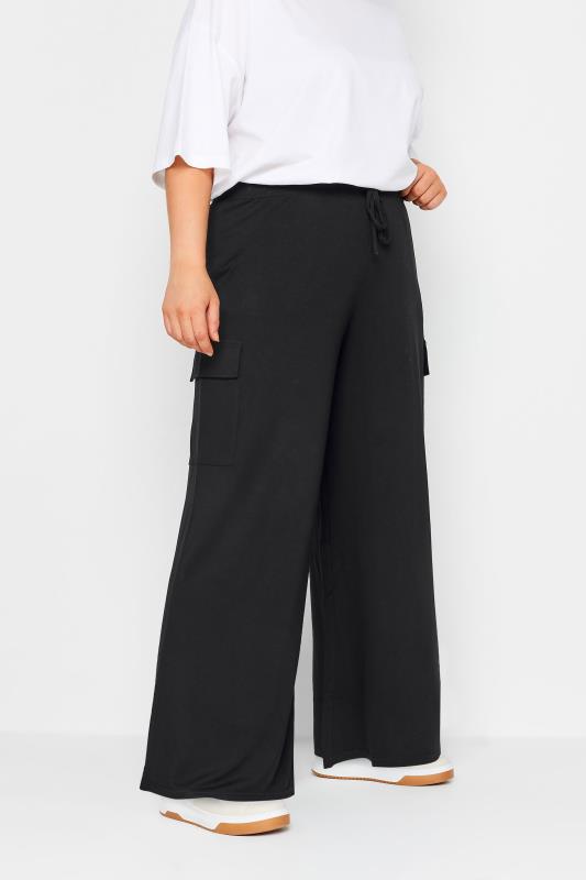  Grande Taille YOURS Curve Black Jersey Wide Leg Cargo Trousers