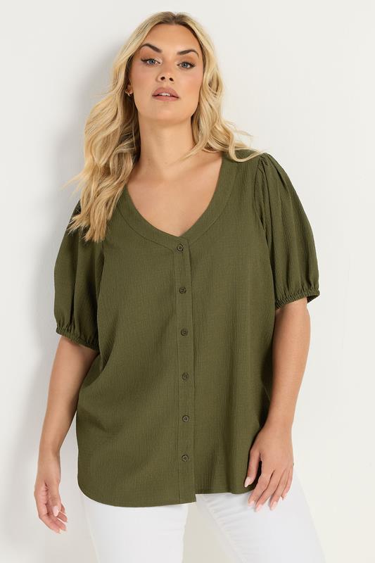  YOURS Curve Khaki Green Button Textured Blouse