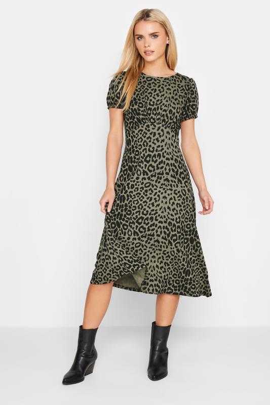 Petite Green Leopard Print Midi Dress | PixieGirl 2