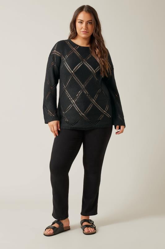 EVANS Plus Size Black Diamond Pointelle Jumper | Evans 2