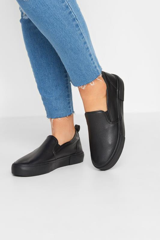 Plus Size  Black PU Slip On Trainers  In Wide E Fit