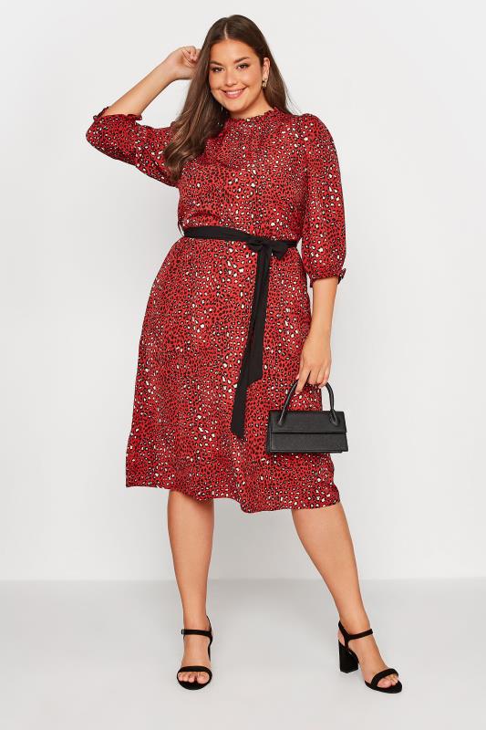  YOURS LONDON Curve Red Animal Print Ruffle Neck Dress