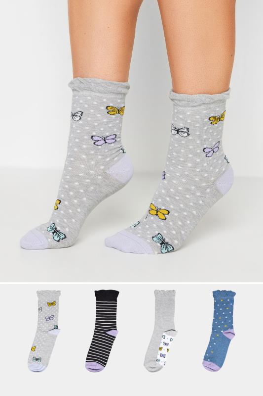  Tallas Grandes 4 PACK Grey Butterfly Print Ankle Socks