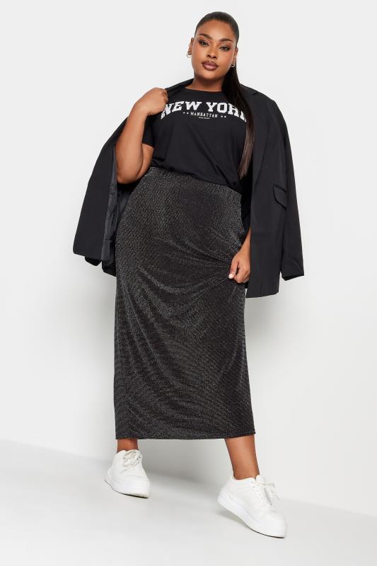 YOURS Plus Size Black Glitter Maxi Skirt | Yours Clothing 3