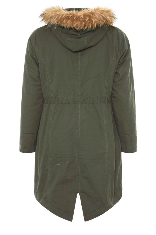 Plus Size Khaki Green Faux Fur Lined Hooded Parka | Yours Clothing 7