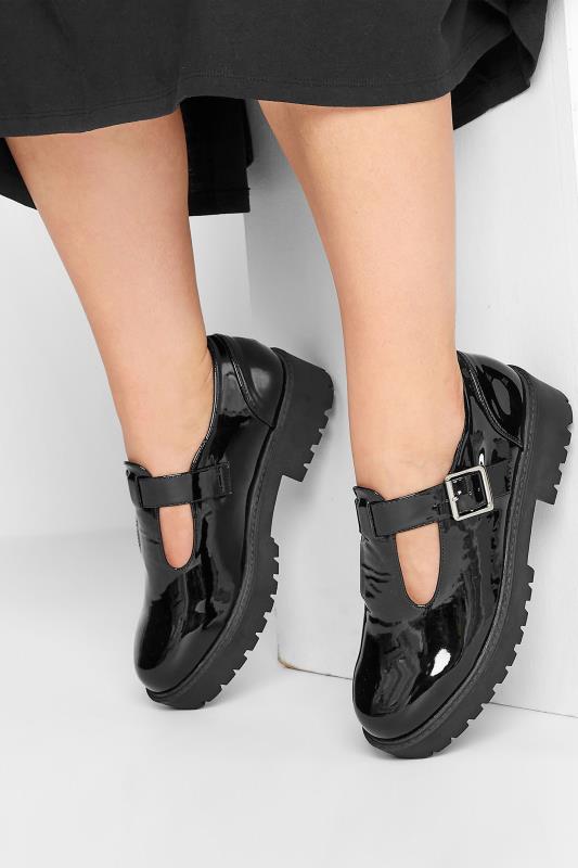 Black Patent Chunky T Bar Mary Jane Shoes In Extra Wide EEE Fit | Yours Clothing 1