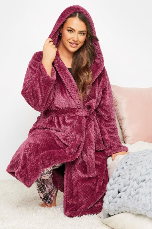 Plus Size Dark Pink Waffle Fleece Hooded Dressing Gown | Yours Clothing 2