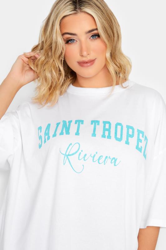 YOURS Curve Plus Size White 'Saint Tropez' Slogan Oversized Boxy T-Shirt | Yours Clothing  4