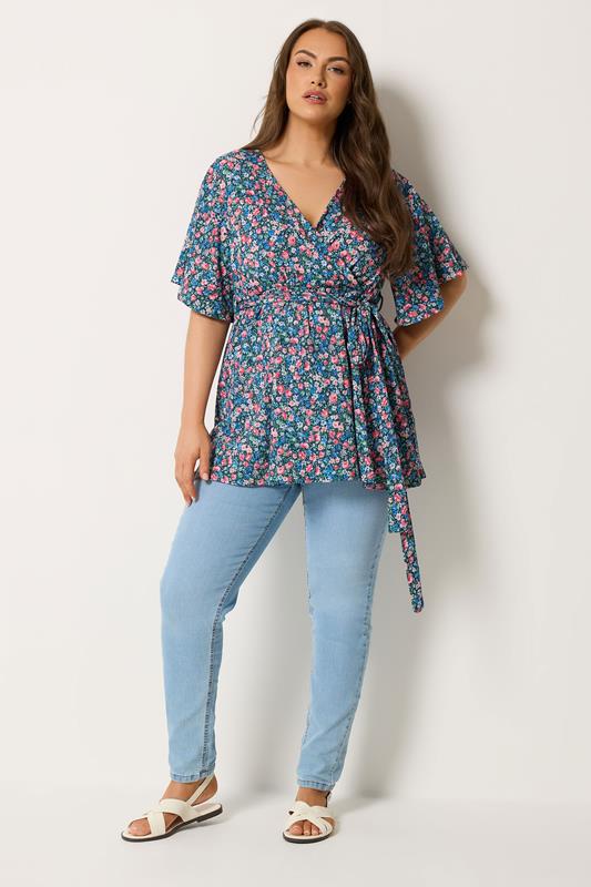 YOURS Plus Size Blue Floral Textured Wrap Top | Yours Clothing 1