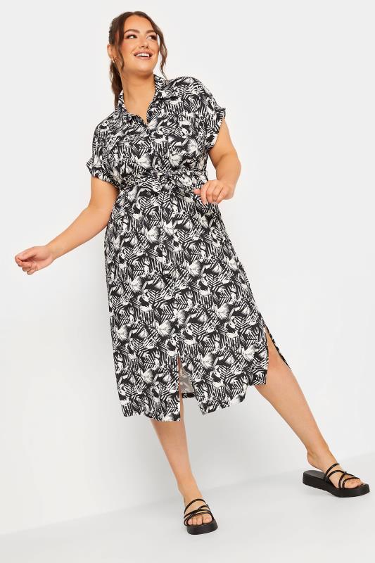 Plus Size Black & White Leaf Print Spilt Hem Midaxi Shirt Dress | Yours Clothing 1