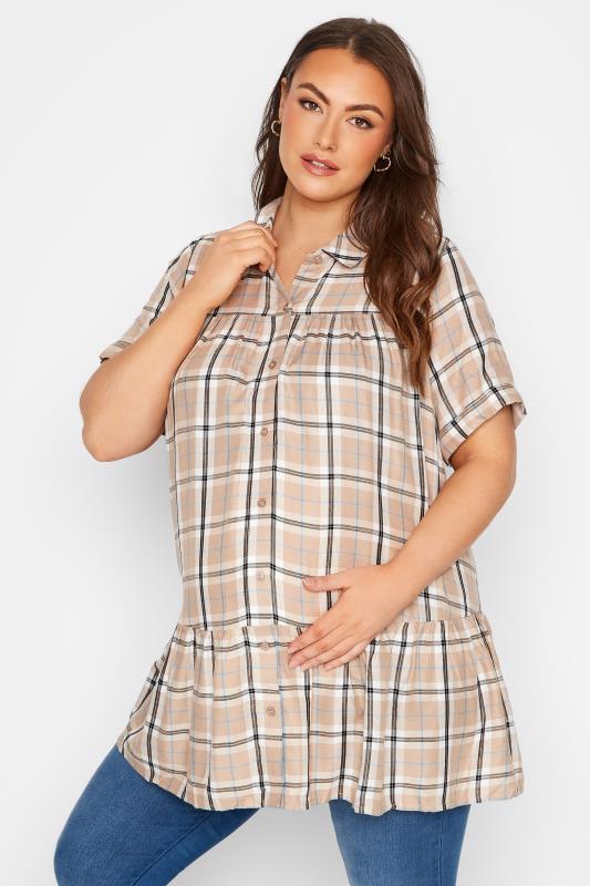 BUMP IT UP MATERNITY Curve Beige Brown Check Print Tiered Shirt_D.jpg