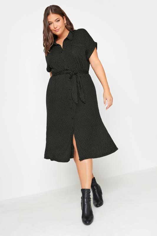 Plus Size  YOURS Curve Black Polka Dot Print Spilt Hem Midaxi Shirt Dress