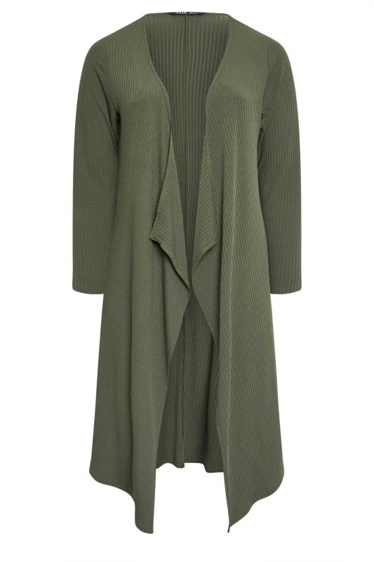 Plus Size  YOURS Curve Khaki Green Ribbed Midaxi Waterfall Cardigan