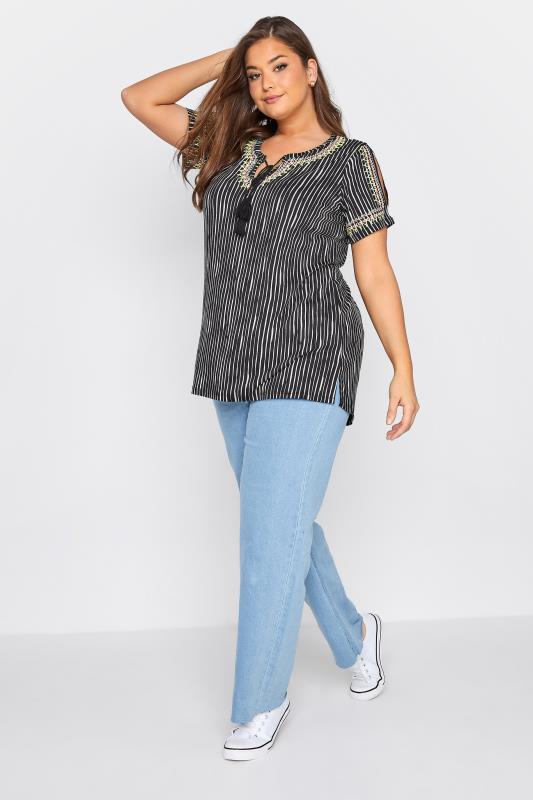 Plus Size Black Stripe Embroidered Tie Neck Top | Yours Clothing  2
