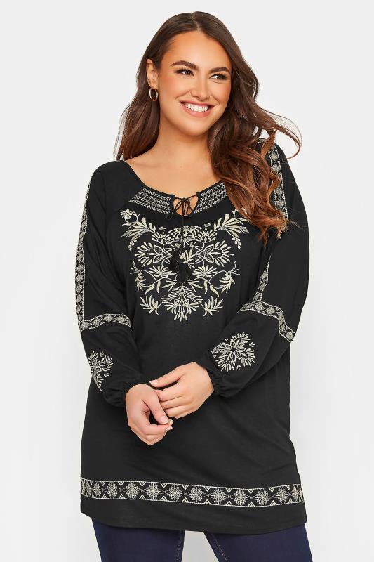 Curve Black Aztec Embroidered Tie Neck Long Sleeve Top_A.jpg