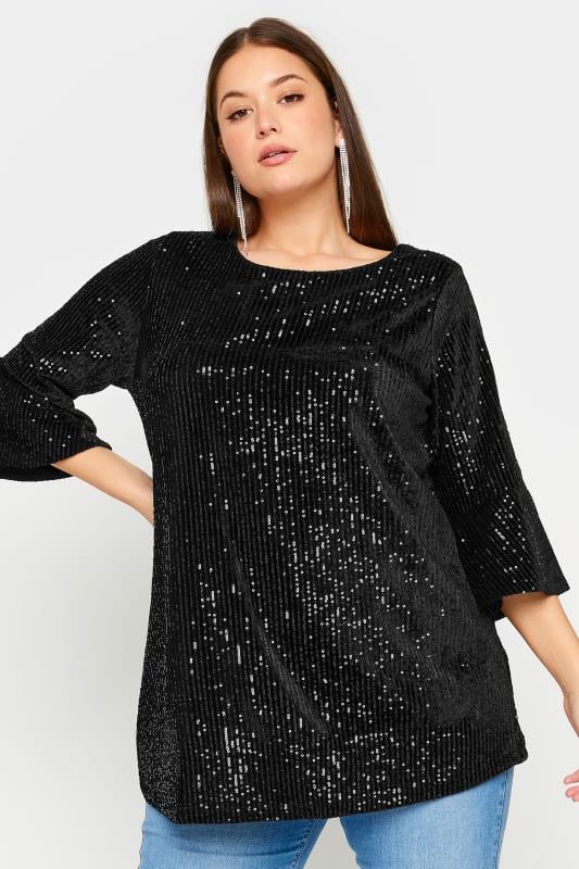 YOURS Plus Size Black Sequin Embellished Velvet Top | Yours Clothing 1