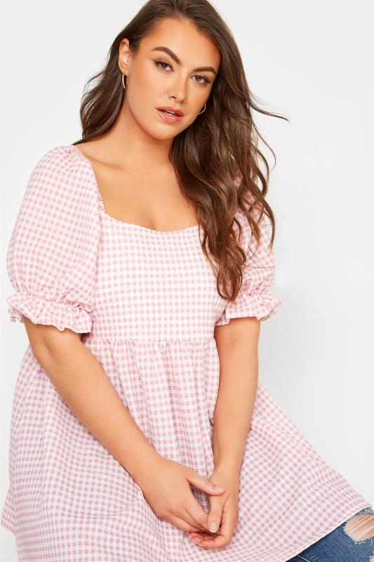 LIMITED COLLECTION Curve Pink & White Gingham Milkmaid Top_D.jpg