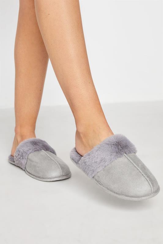 LTS Grey Fur Cuff Mule Slippers In Standard D Fit | Long Tall Sally 1