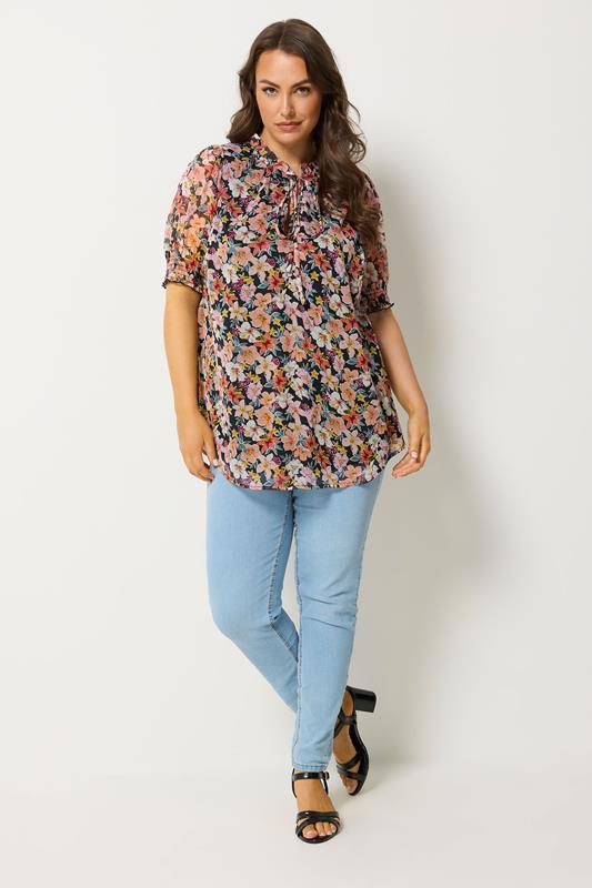 Yours Plus Size Pink Floral Print Frill Neck Blouse | Yours Clothing 1