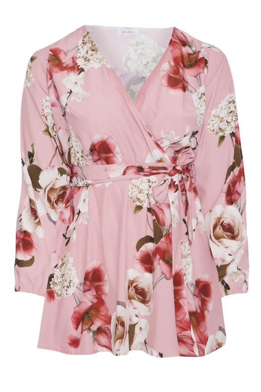 YOURS LONDON Plus Size Pink Floral Split Sleeve Wrap Top | Yours Clothing 5