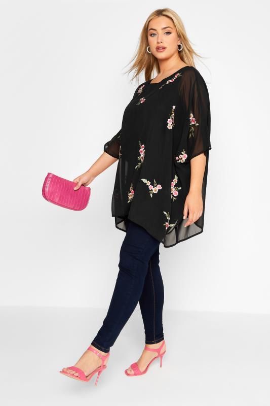 YOURS LONDON Curve Black Embroidered Floral Cape Top_B.jpg