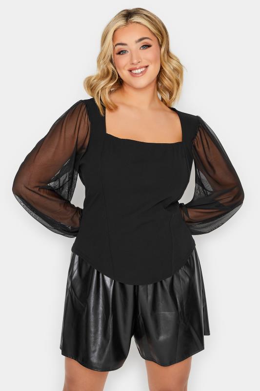 YOURS PETITE Plus Size Black Mesh Sleeve Corset Top | Yours Clothing 2