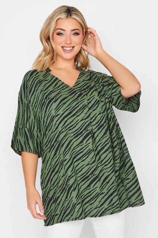 YOURS Plus Size Green Zebra Print Pleat Front Blouse | Yours Clothing 1