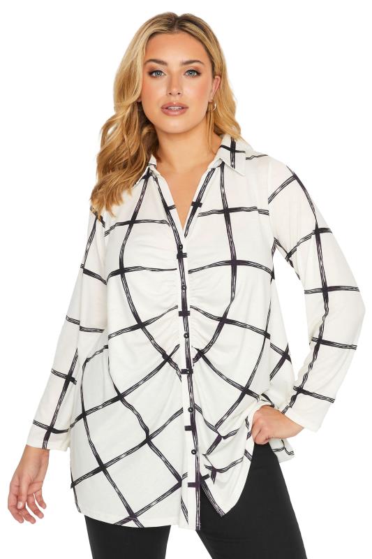 Curve Plus Size White Ruched Front Checked Shirt | Yours Clothing  7