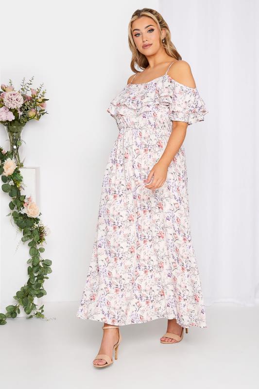Großen Größen  YOURS LONDON Curve White Floral Bardot Ruffle Bridesmaid Maxi Dress
