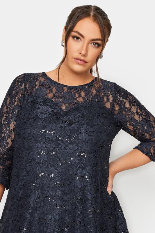 YOURS Plus Size Dark Blue Lace Sequin Embellished Swing Top | Yours Clothing 4