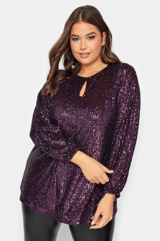 YOURS LONDON Plus Size Purple Sequin Keyhole Long Sleeve Top | Yours Clothing 1