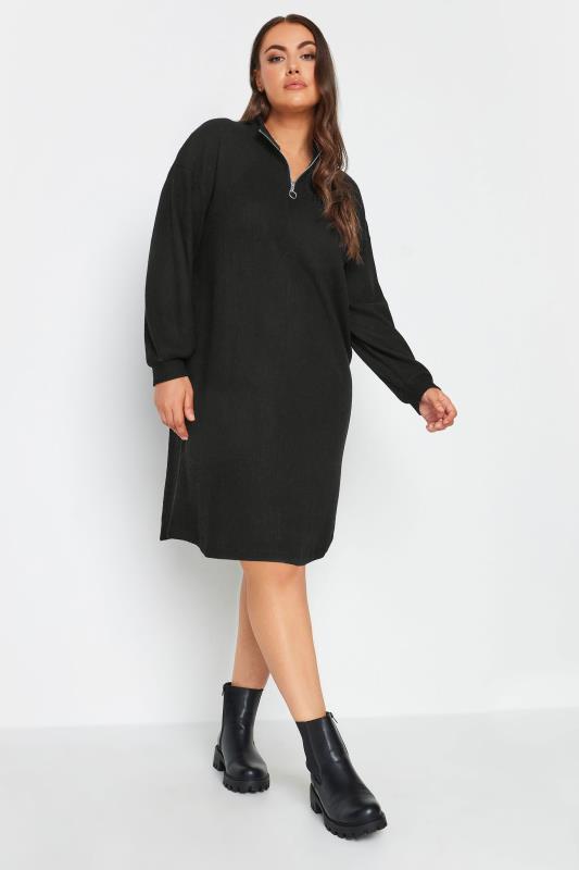 YOURS Plus Size Black Soft Touch Zip Neck Jumper Dress | Yours Clothing 1