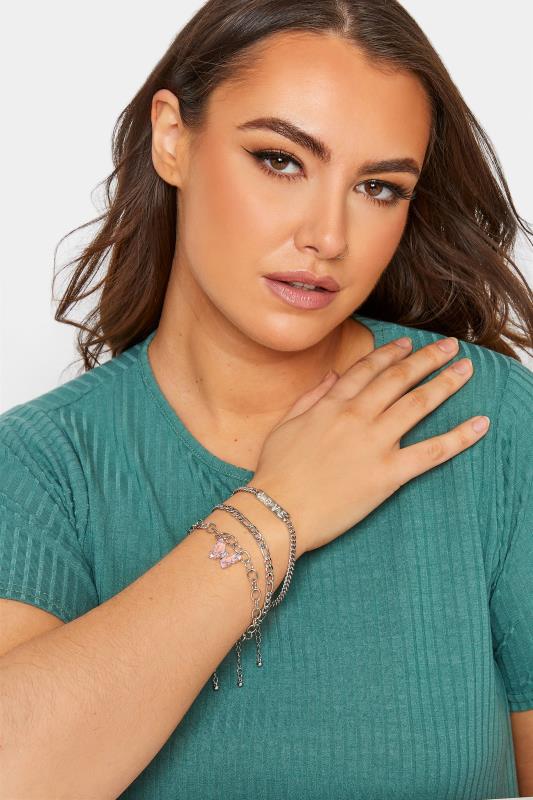 3 PACK Silver Butterfly Chain Bracelet Set | Yours Clothing 1