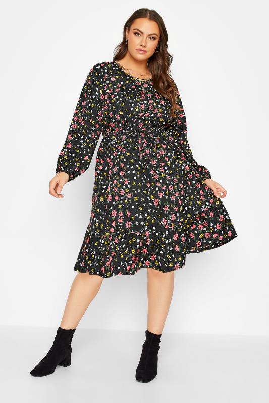 Plus Size Black Floral Long Sleeve Midi Dress | Yours Clothing 2
