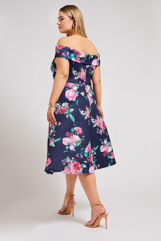 YOURS LONDON Curve Navy Blue Floral Bardot Skater Dress | Yours Clothing 3