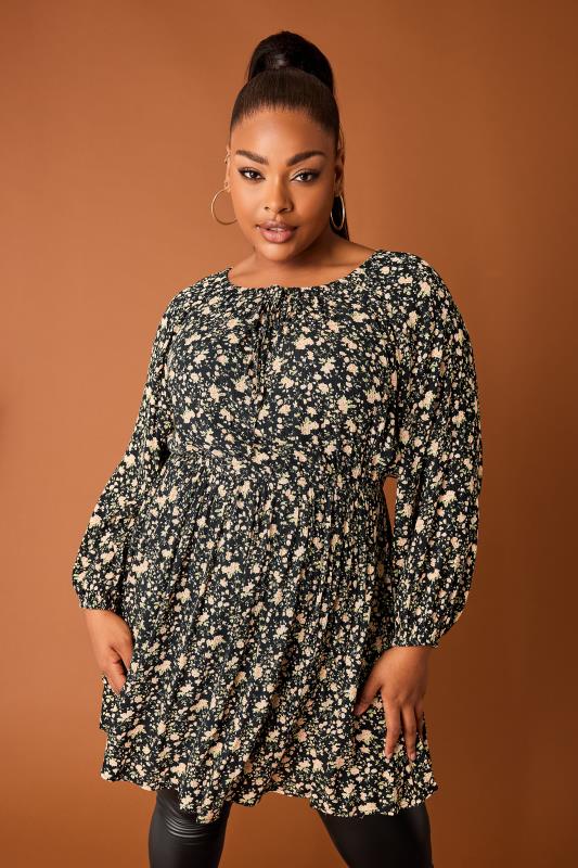  Grande Taille YOURS Curve Black Floral Print Long Sleeve Gypsy Tunic Top