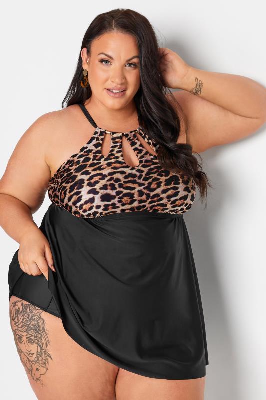 Plus Size Black Leopard Print Triple Keyhole Swim Dress | Yours Clothing 3