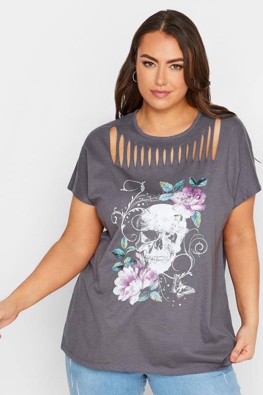 YOURS Plus Size Grey Skull Print Distressed T-Shirt | Yours Clothing 1
