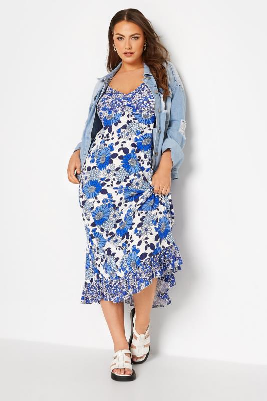 Plus Size  LIMITED COLLECTION Curve Blue Floral Print Frill Midaxi Sundress