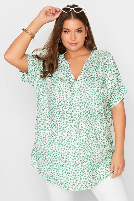 Plus Size  Curve Green & White Floral Print Grown On Sleeve Shirt