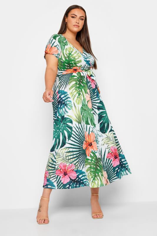 YOURS Curve White Tropical Floral Print Wrap Dress | Yours Clothing 2