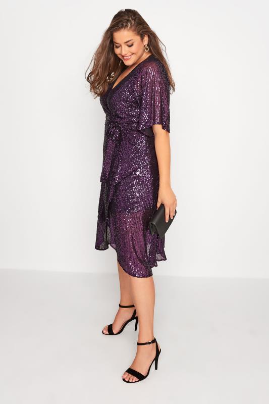 YOURS LONDON Plus Size Purple Sequin Embellished Double Wrap Dress | Yours Clothing 2